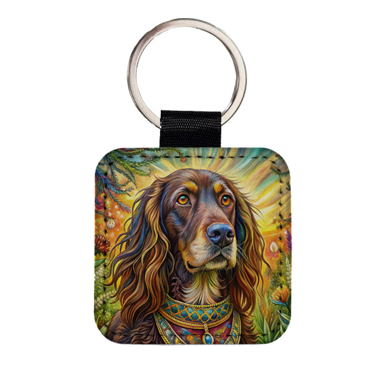 Boykin Spaniel Dog Bohemian Art Square Faux Leather Keychain