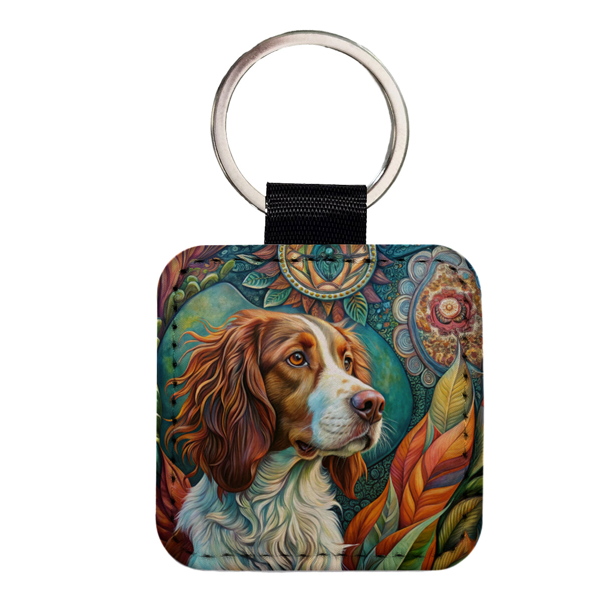 Brittany Spaniel Dog Bohemian Art Square Faux Leather Keychain