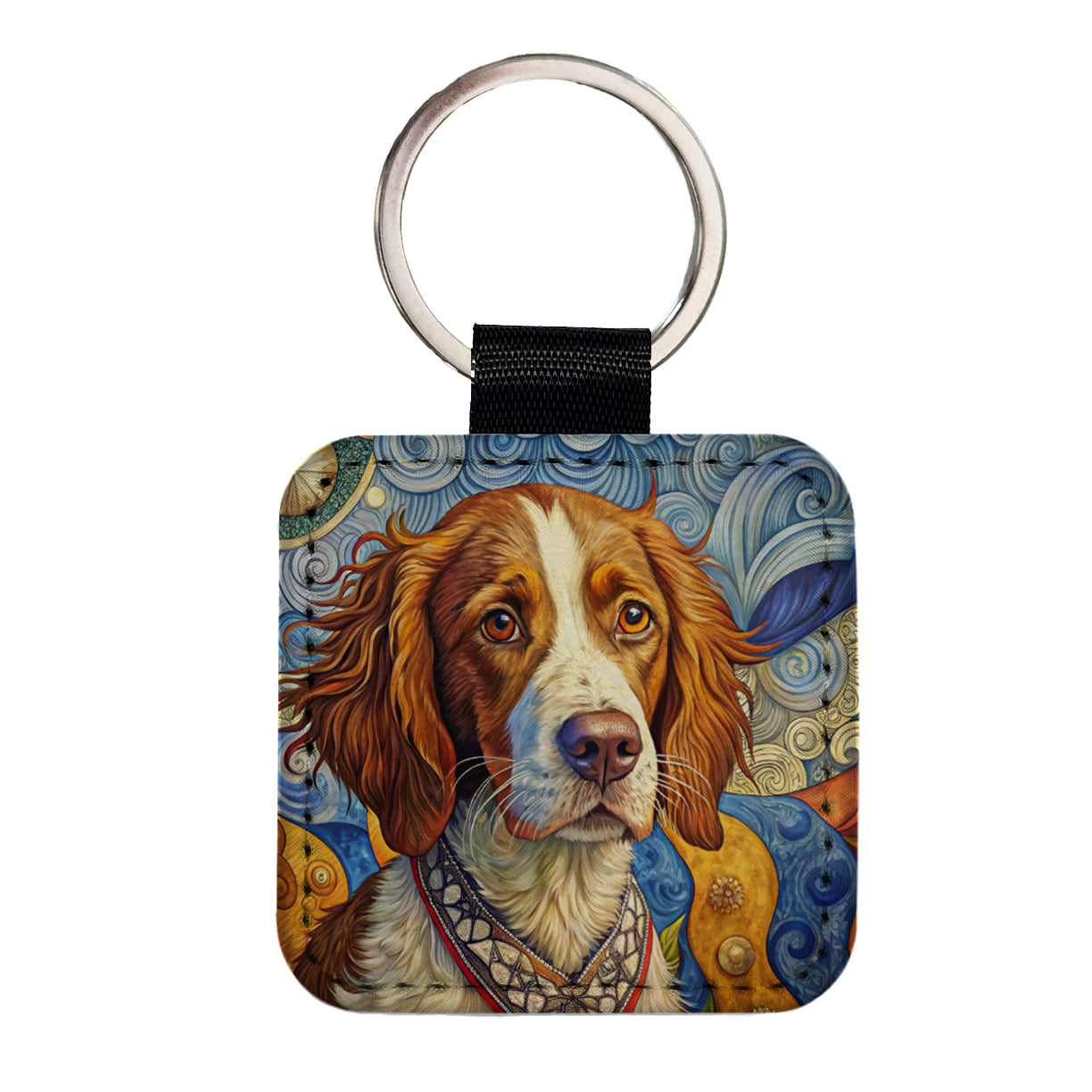 Brittany Spaniel Dog French Bohemian Art Square Faux Leather Keychain