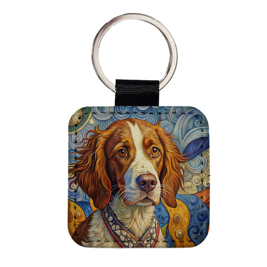 Brittany Spaniel Dog French Bohemian Art Square Faux Leather Keychain