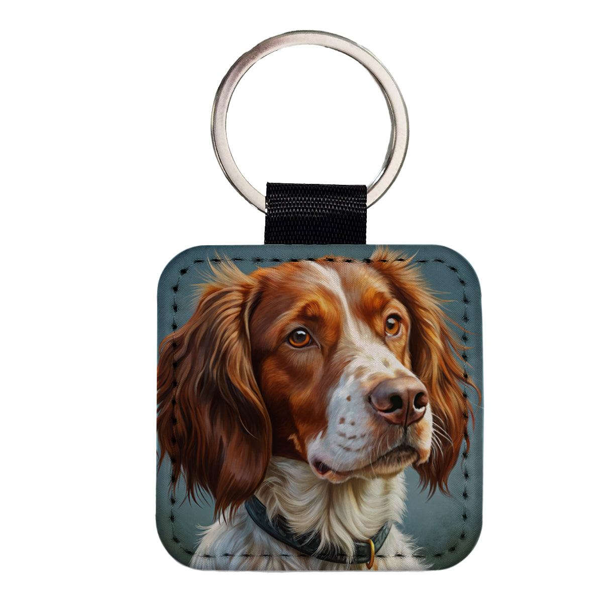 Brittany Spaniel Dog Illustration Square Faux Leather Keychain