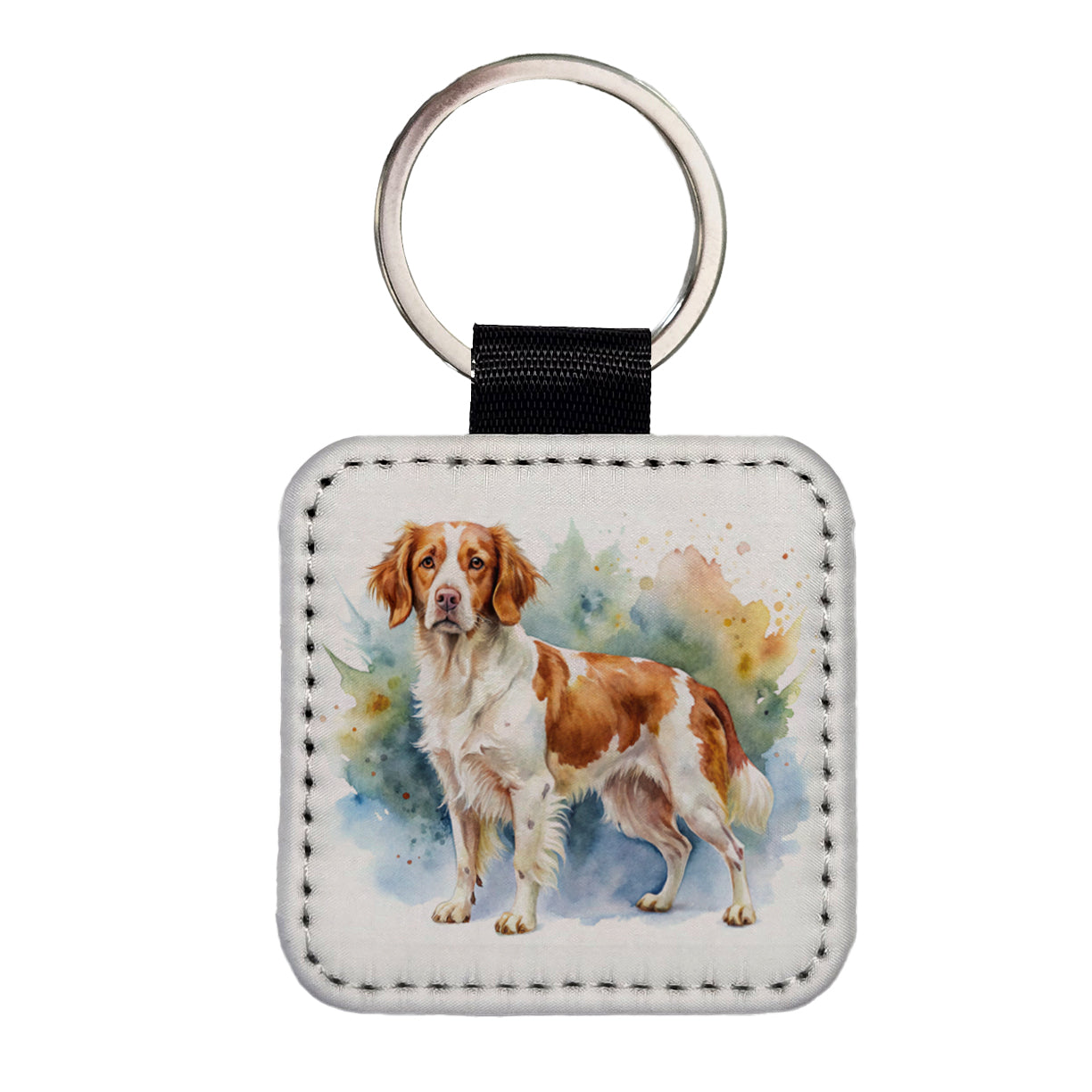 Brittany Spaniel Dog Watercolor Style Square Faux Leather Keychain