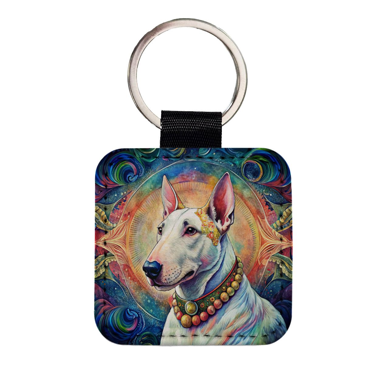 Bull Terrier Dog Bohemian Art Square Faux Leather Keychain