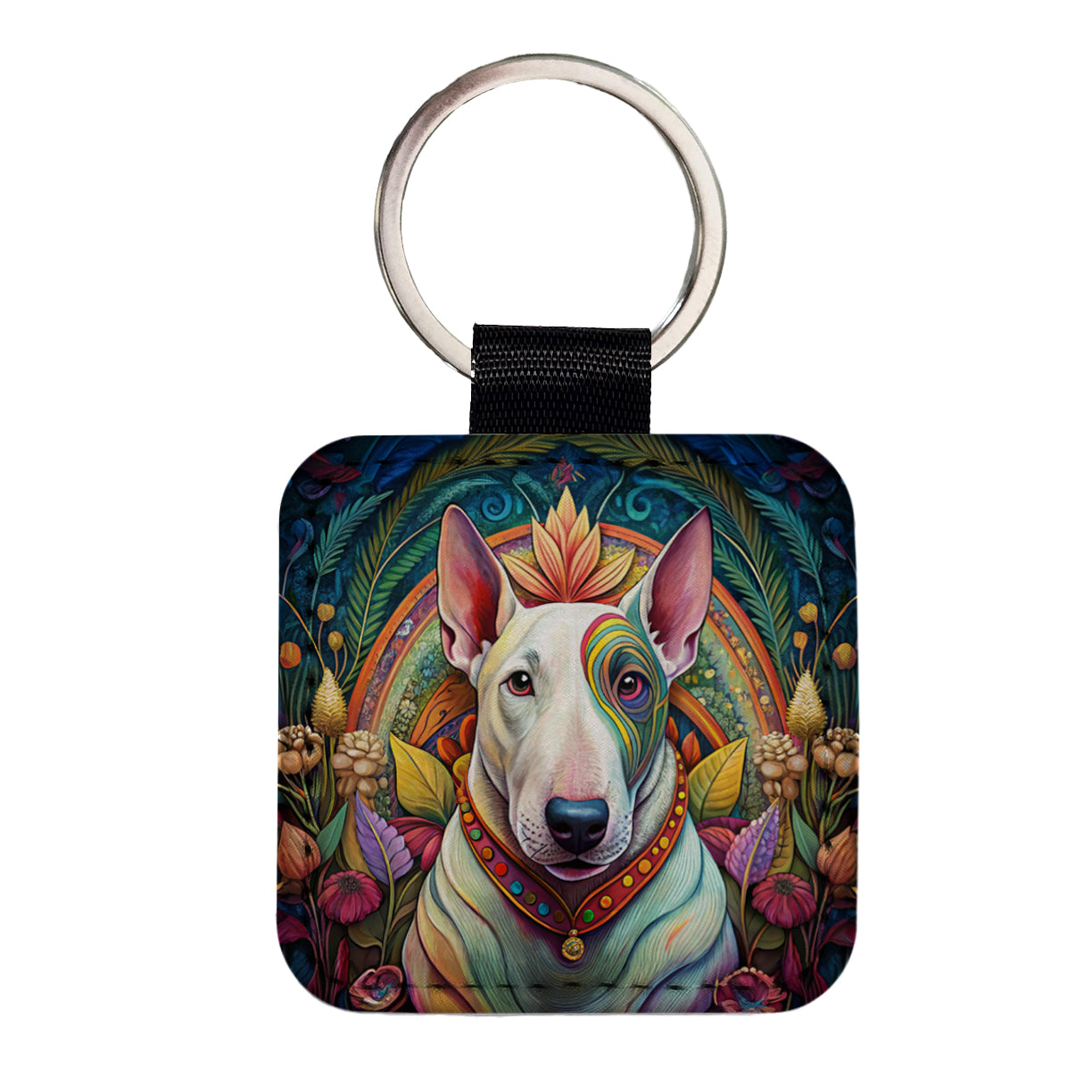 Bull Terrier Dog French Bohemian Art Square Faux Leather Keychain