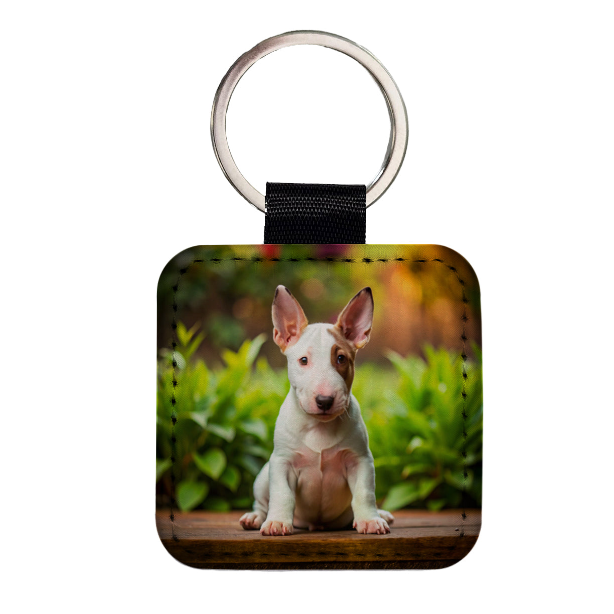Bull Terrier Dog Puppy Photo Square Faux Leather Keychain