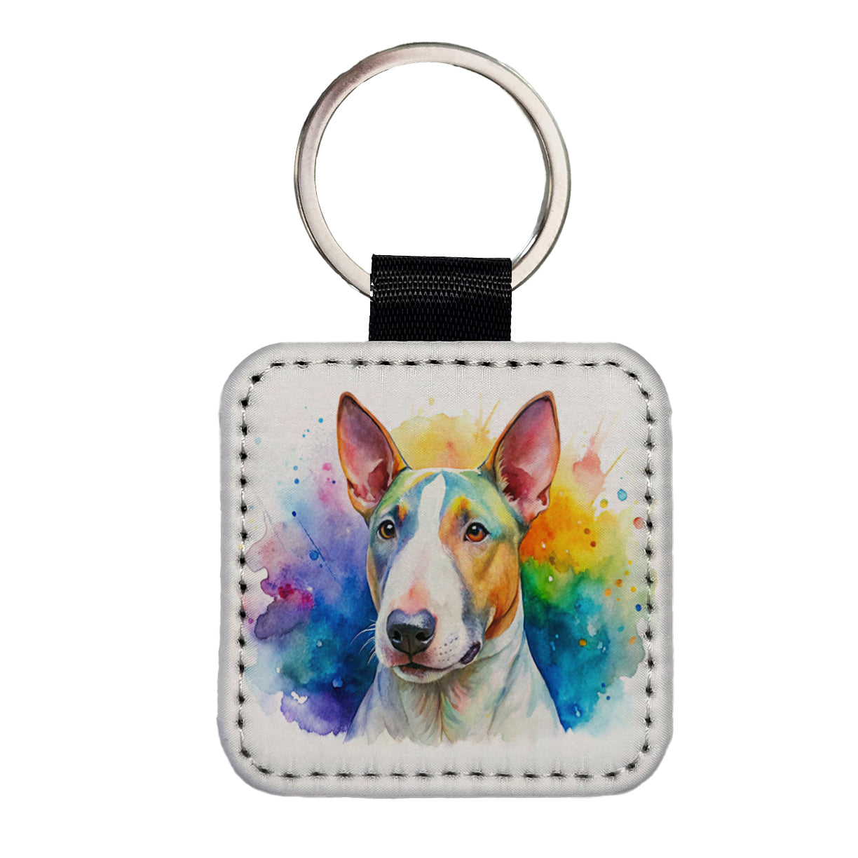 Bull Terrier Dog Watercolor Style Square Faux Leather Keychain