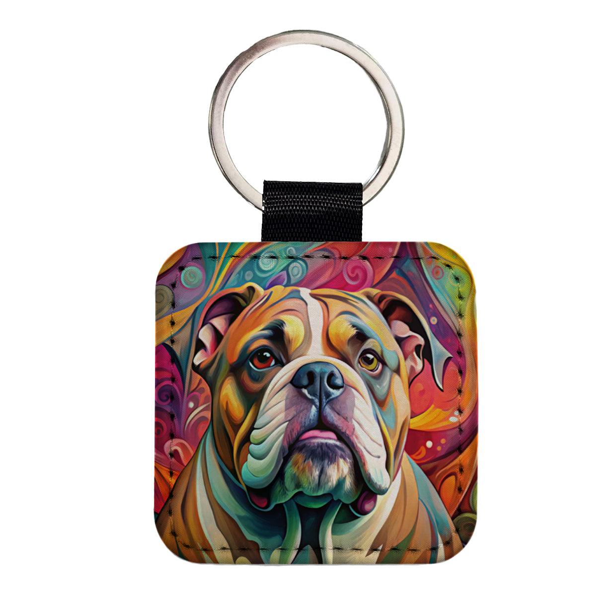 Bulldog Dog Abstract Art Square Faux Leather Keychain