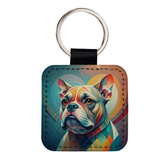 Bulldog Dog Abstract Stylized Art Square Faux Leather Keychain