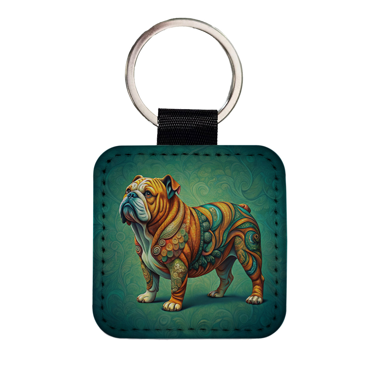 Bulldog Dog Art Nouveau Square Faux Leather Keychain