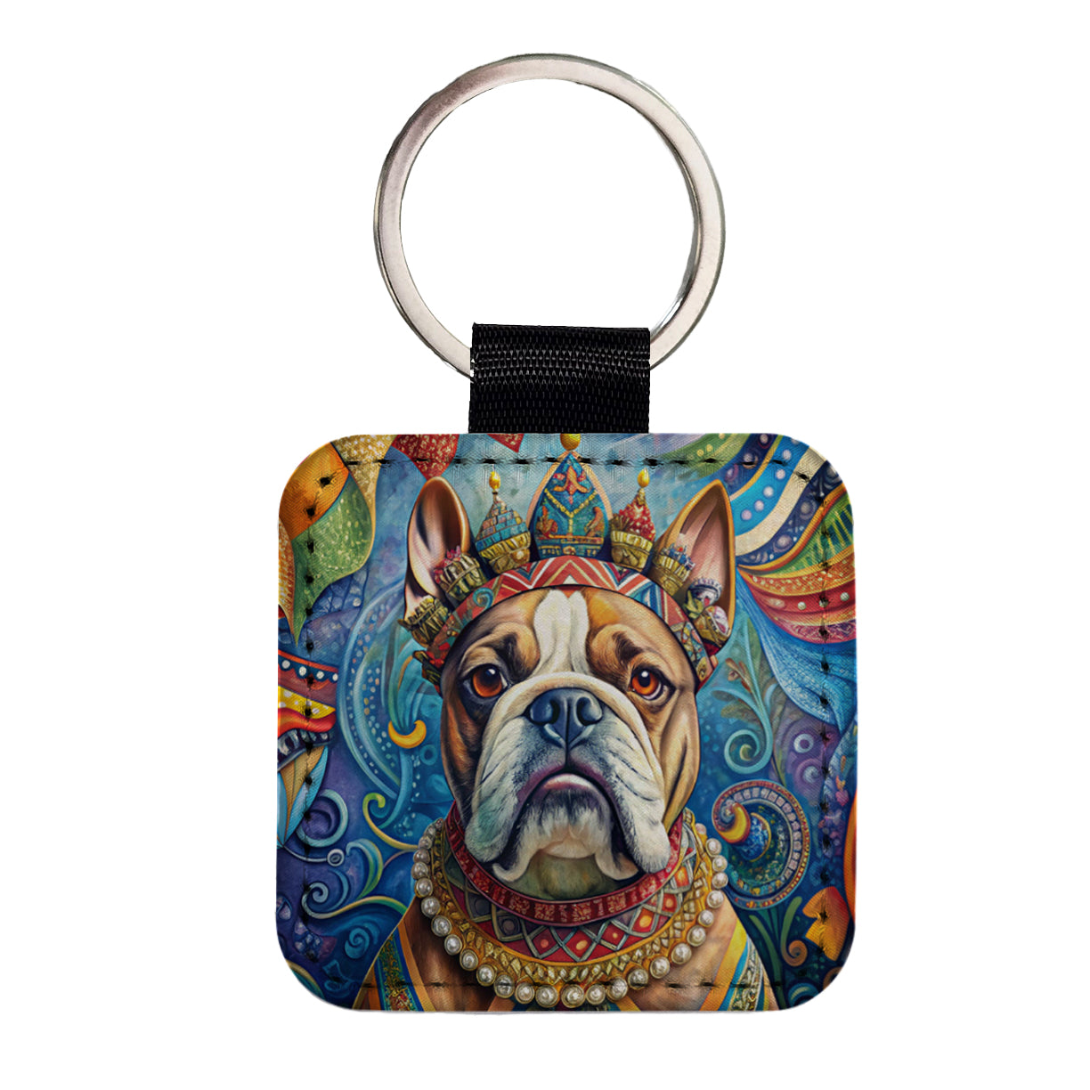 Bulldog Dog French Bohemian Art Square Faux Leather Keychain