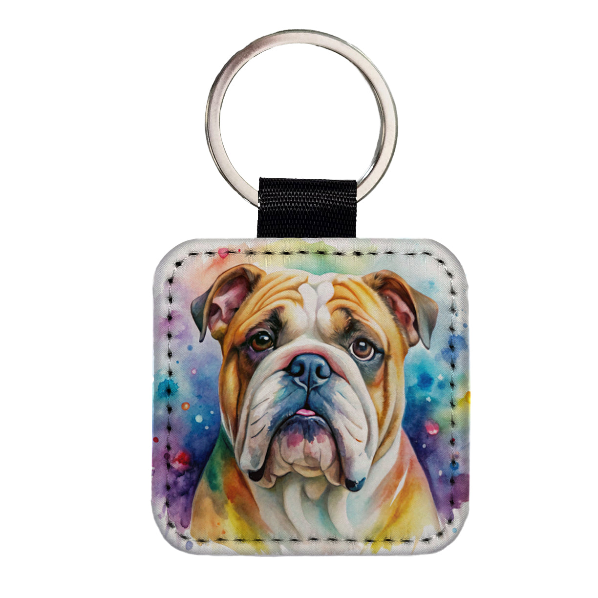 Bulldog Dog Watercolor Style Square Faux Leather Keychain