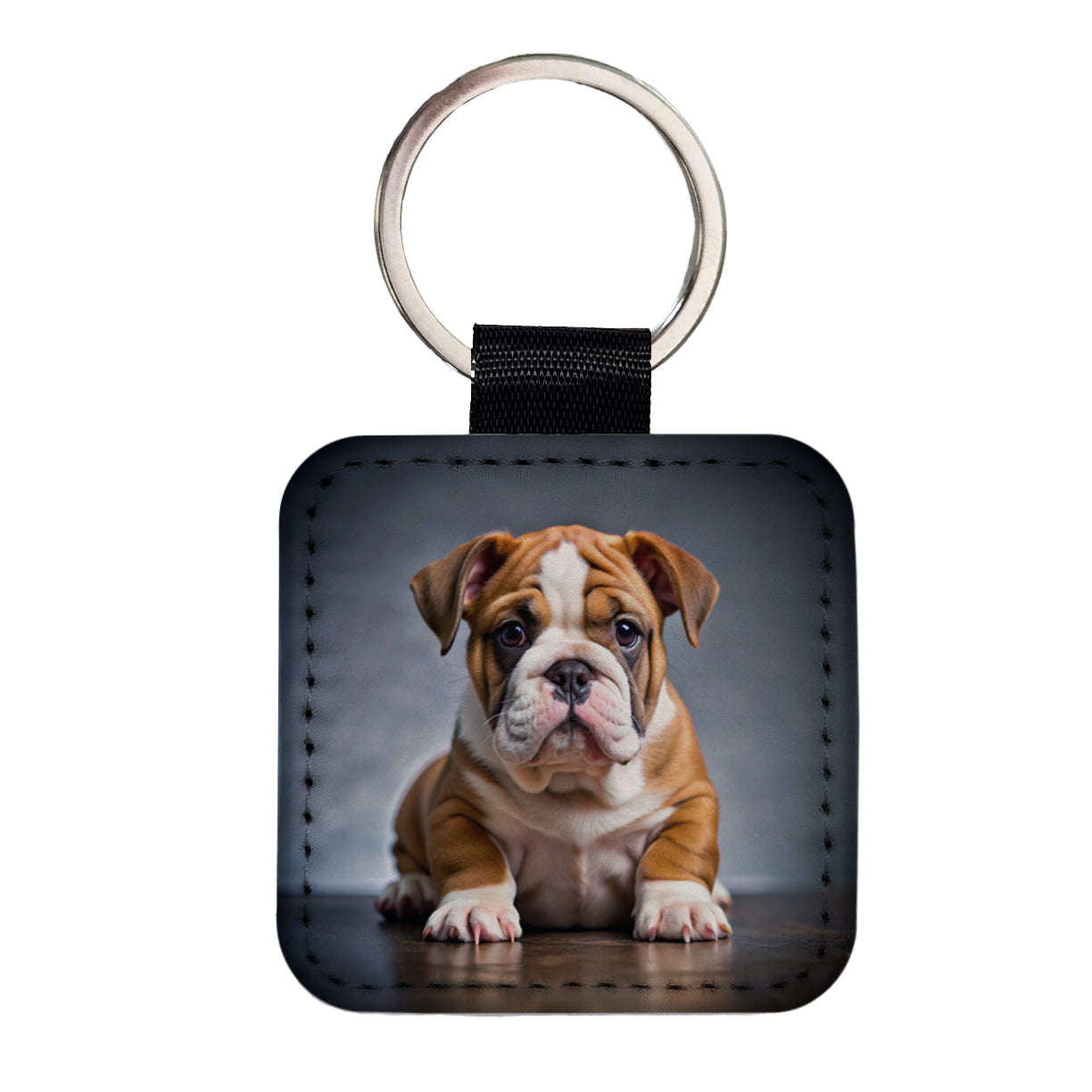 Bulldog Puppy Photo Square Faux Leather Keychain