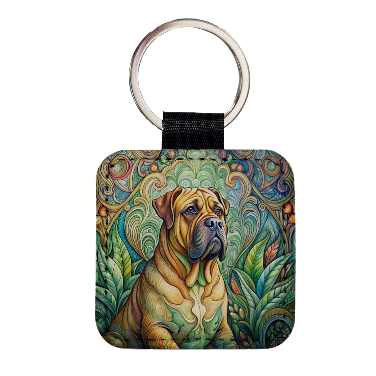 Bullmastiff Dog Art Nouveau Square Faux Leather Keychain