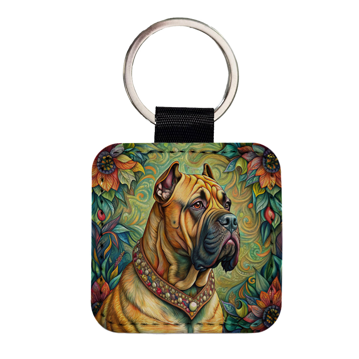 Bullmastiff Dog French Bohemian Art Square Faux Leather Keychain