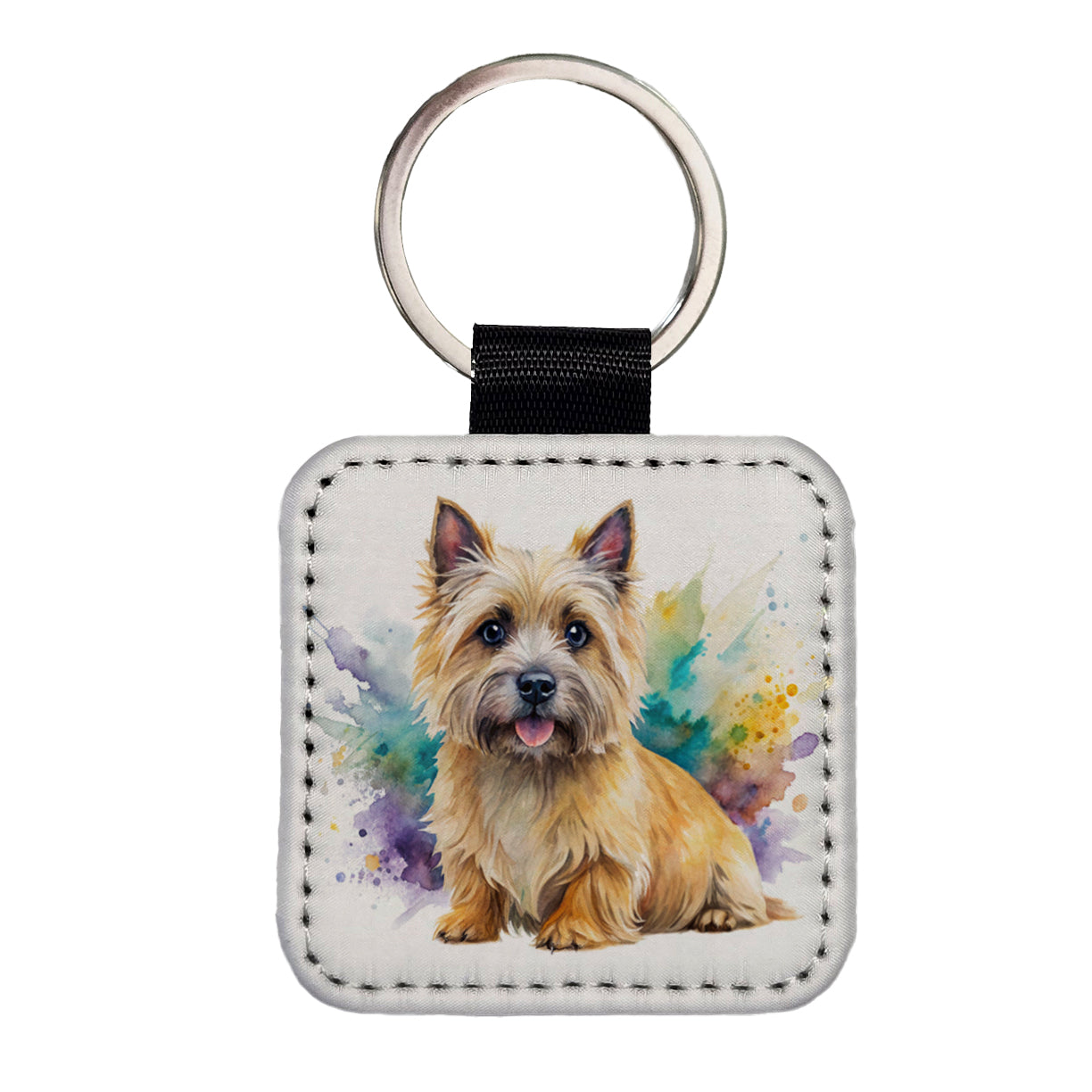 Cairn Terrier Dog Watercolor Style Square Faux Leather Keychain