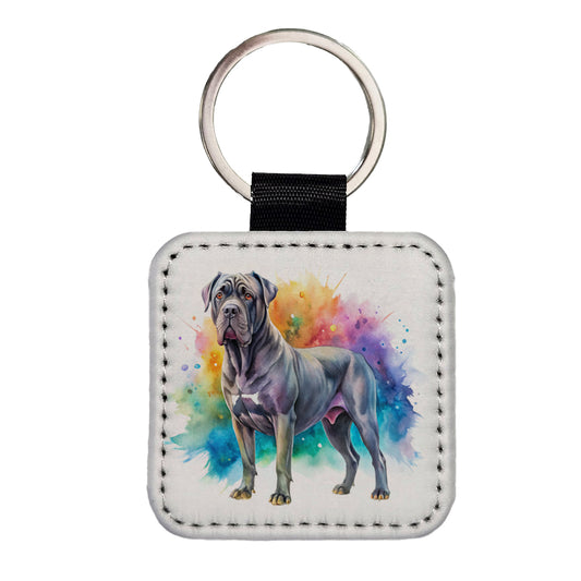 Cane Corso Dog Watercolor Style Square Faux Leather Keychain