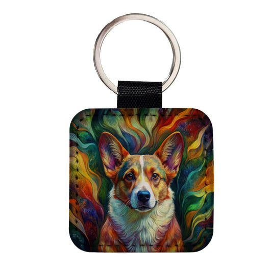 Cardigan Welsh Corgi Dog Abstract Art Square Faux Leather Keychain