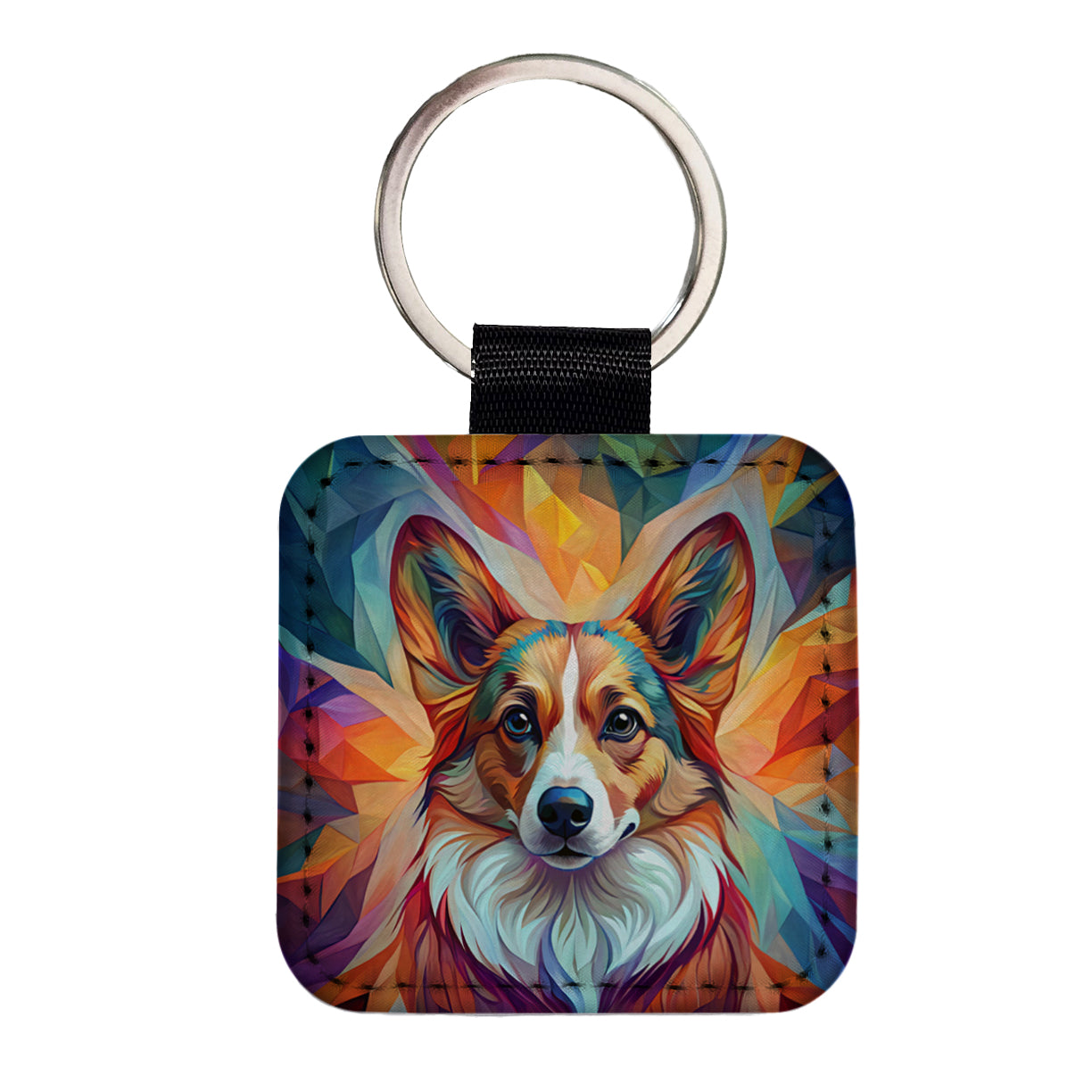 Cardigan Welsh Corgi Dog Abstract Stylized Art Square Faux Leather Keychain