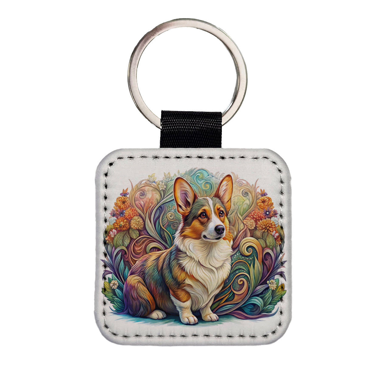 Cardigan Welsh Corgi Dog Art Nouveau Square Faux Leather Keychain