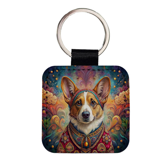 Cardigan Welsh Corgi Dog Bohemian Art Square Faux Leather Keychain