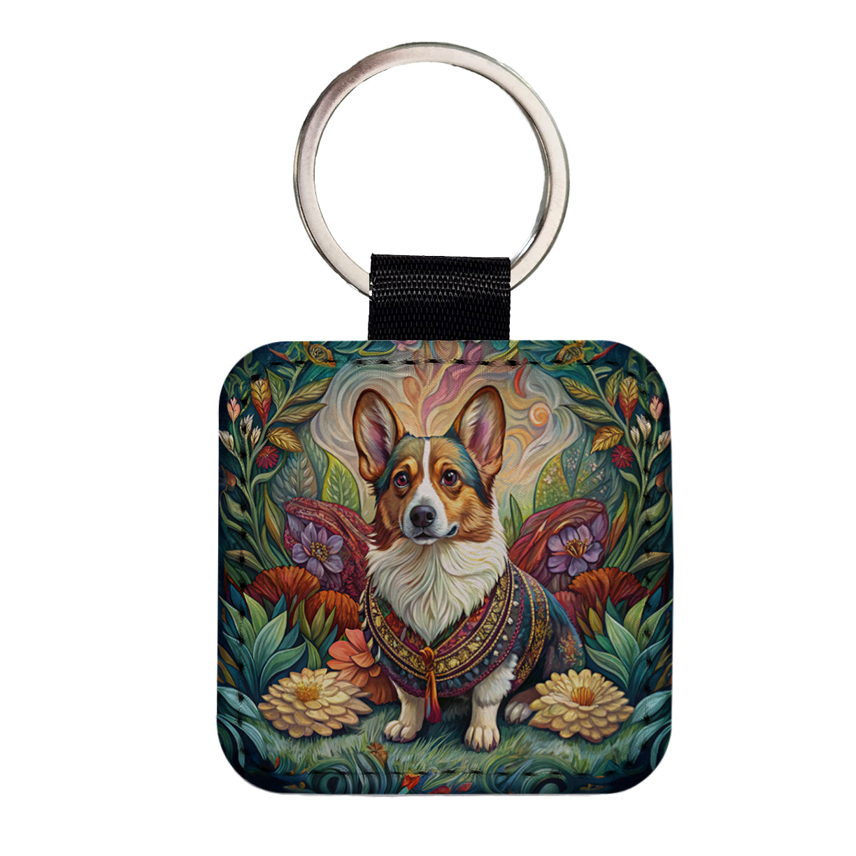 Cardigan Welsh Corgi Dog French Bohemian Art Square Faux Leather Keychain