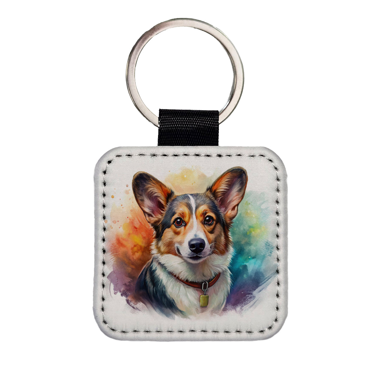 Cardigan Welsh Corgi Dog Illustration Square Faux Leather Keychain