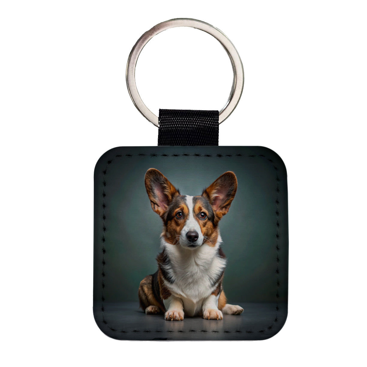 Cardigan Welsh Corgi Dog Photo Square Faux Leather Keychain