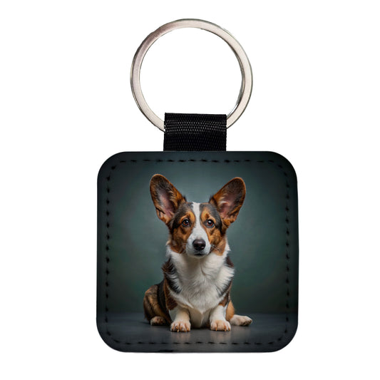 Cardigan Welsh Corgi Dog Photo Square Faux Leather Keychain