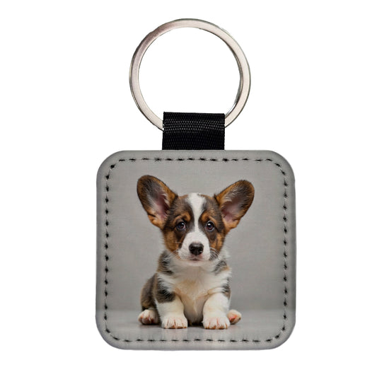 Cardigan Welsh Corgi Dog Puppy Photo Square Faux Leather Keychain