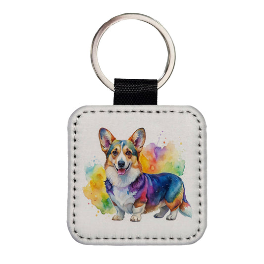 Cardigan Welsh Corgi Dog Watercolor Style Square Faux Leather Keychain
