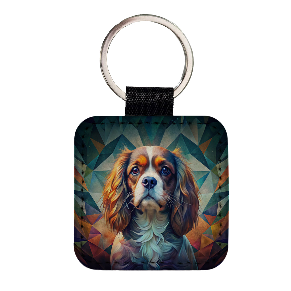 Cavalier King Charles Spaniel Abstract Stylized Art Square Faux Leather Keychain