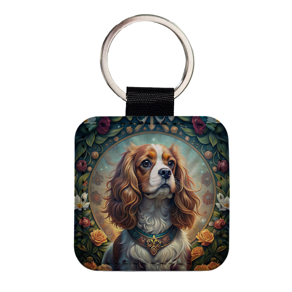 Cavalier King Charles Spaniel Dog Art Nouveau Square Faux Leather Keychain