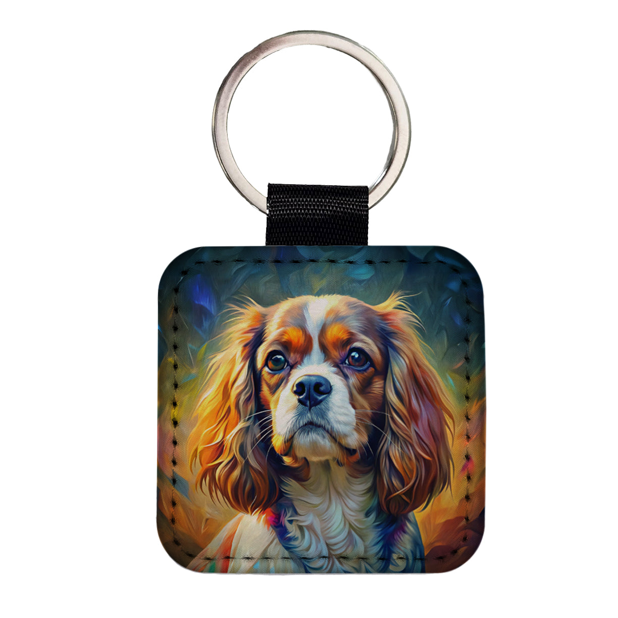 Cavalier King Charles Spaniel Dog Expressionism Art Square Faux Leather Keychain