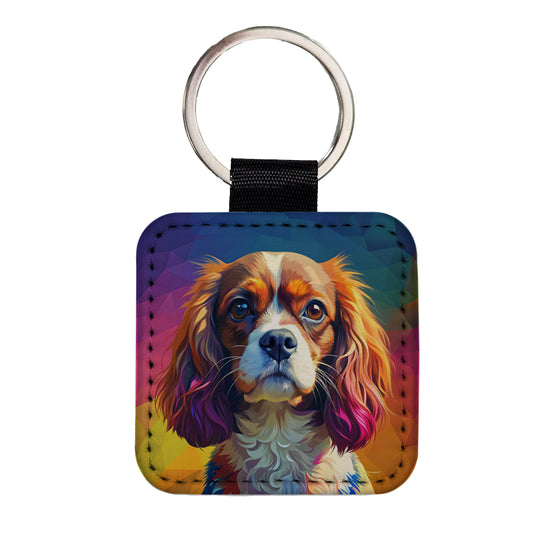 Cavalier King Charles Spaniel Dog Pop Art Square Faux Leather Keychain
