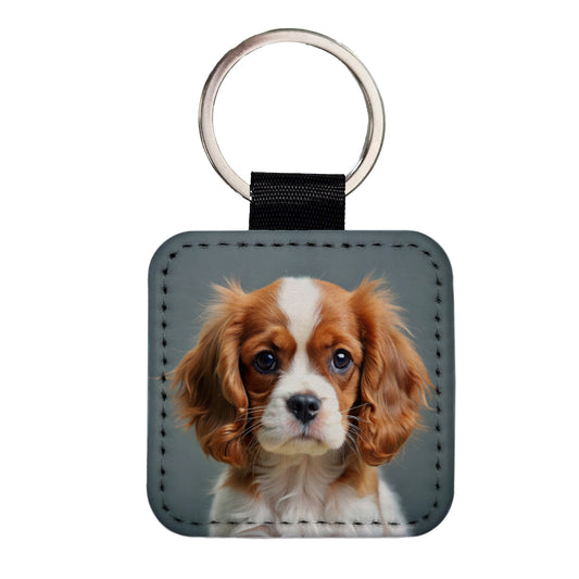 Cavalier King Charles Spaniel Dog Puppy Photo Square Faux Leather Keychain
