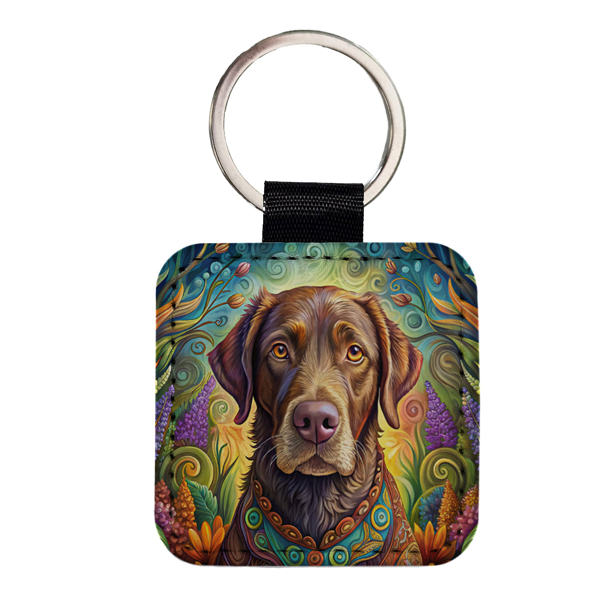 Chesapeake Bay Retriever Dog Bohemian Art Square Faux Leather Keychain