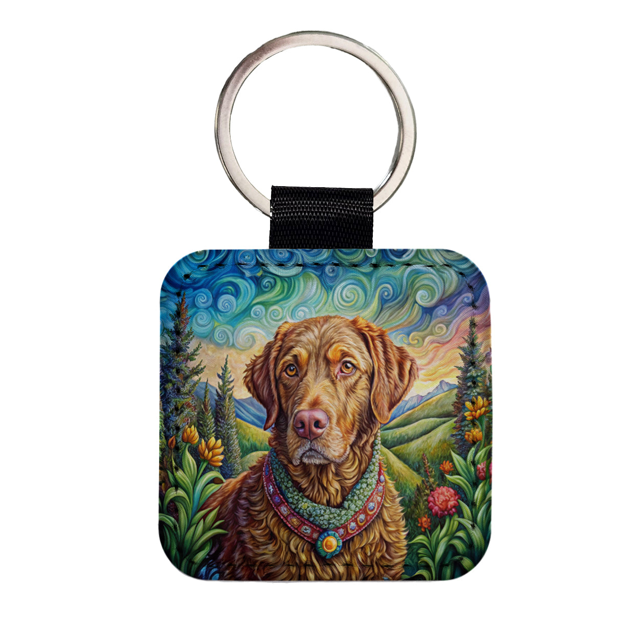 Chesapeake Bay Retriever Dog French Bohemian Art Square Faux Leather Keychain