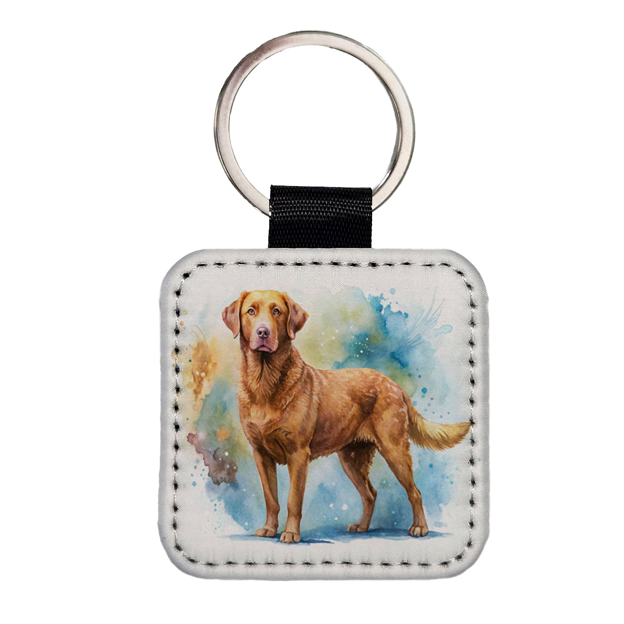 Chesapeake Bay Retriever Dog Watercolor Style Square Faux Leather Keychain