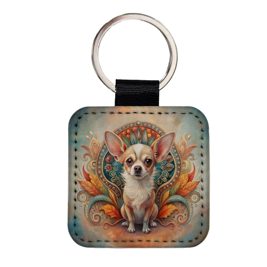Chihuahua Dog Art Nouveau Square Faux Leather Keychain