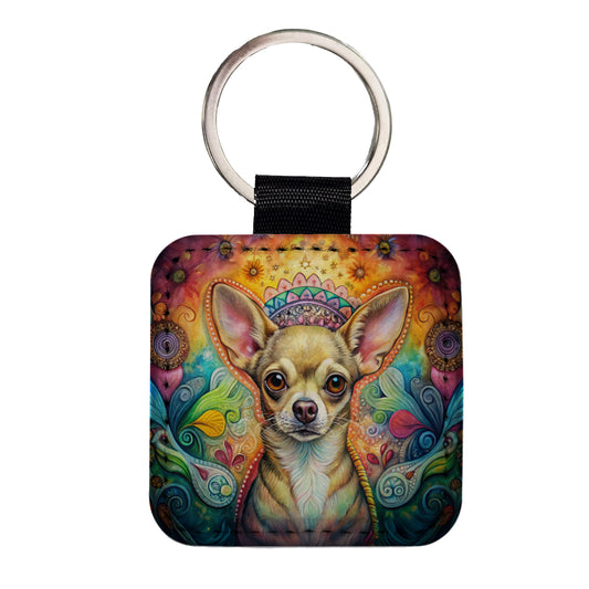 Chihuahua Dog Bohemian Art Square Faux Leather Keychain