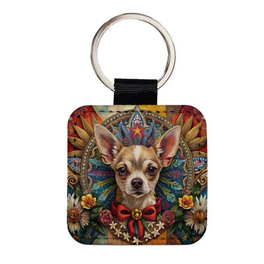 Chihuahua Dog French Bohemian Art Square Faux Leather Keychain