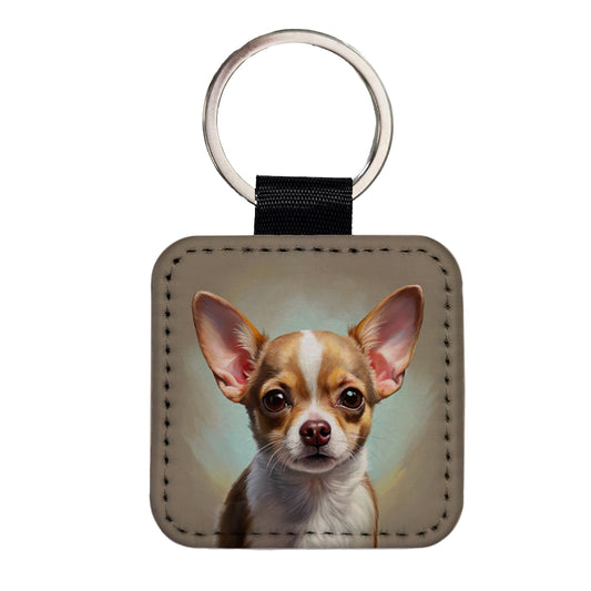 Chihuahua Dog Illustration Square Faux Leather Keychain