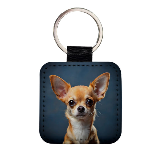 Chihuahua Dog Photo Square Faux Leather Keychain