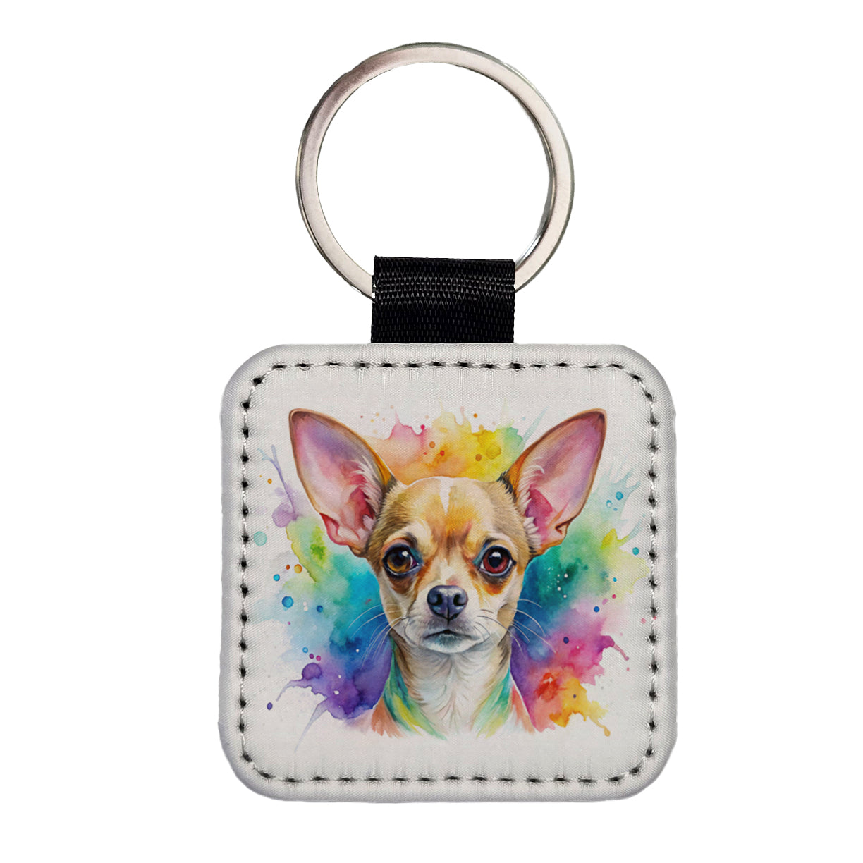 Chihuahua Dog Watercolor Style Square Faux Leather Keychain