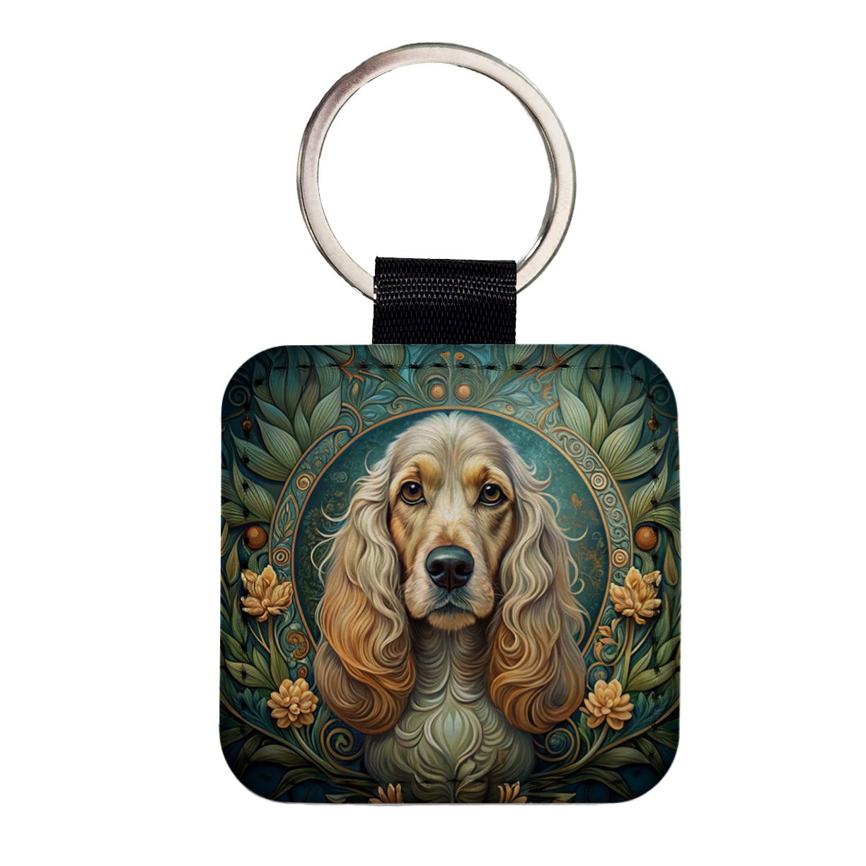 Cocker Spaniel Dog Art Nouveau Square Faux Leather Keychain