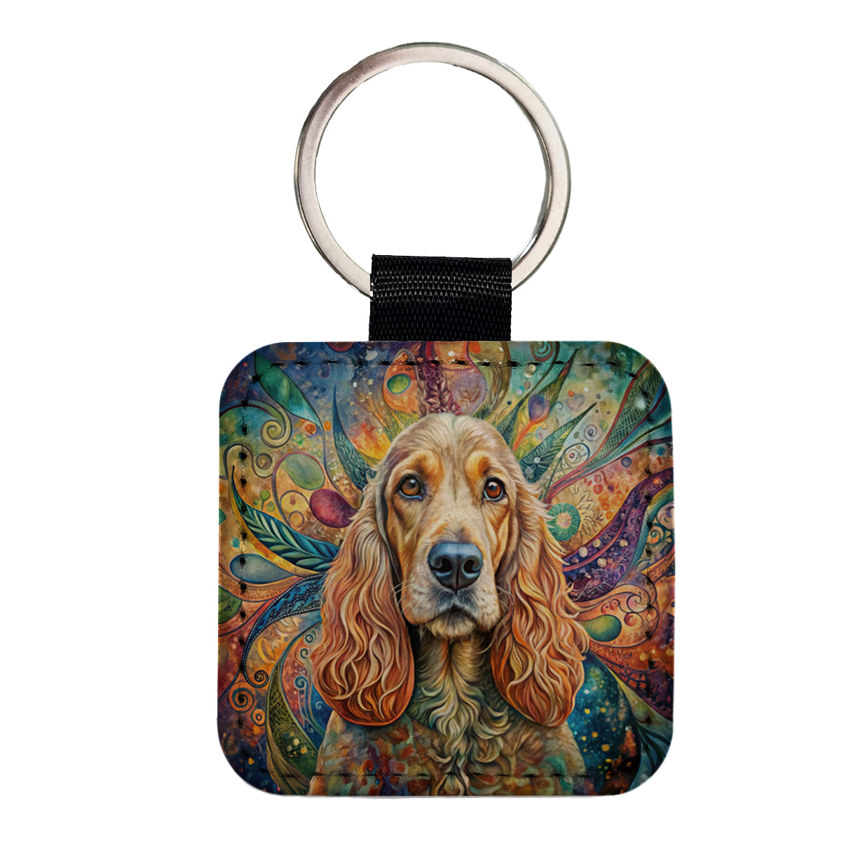 Cocker Spaniel Dog Bohemian Art Square Faux Leather Keychain