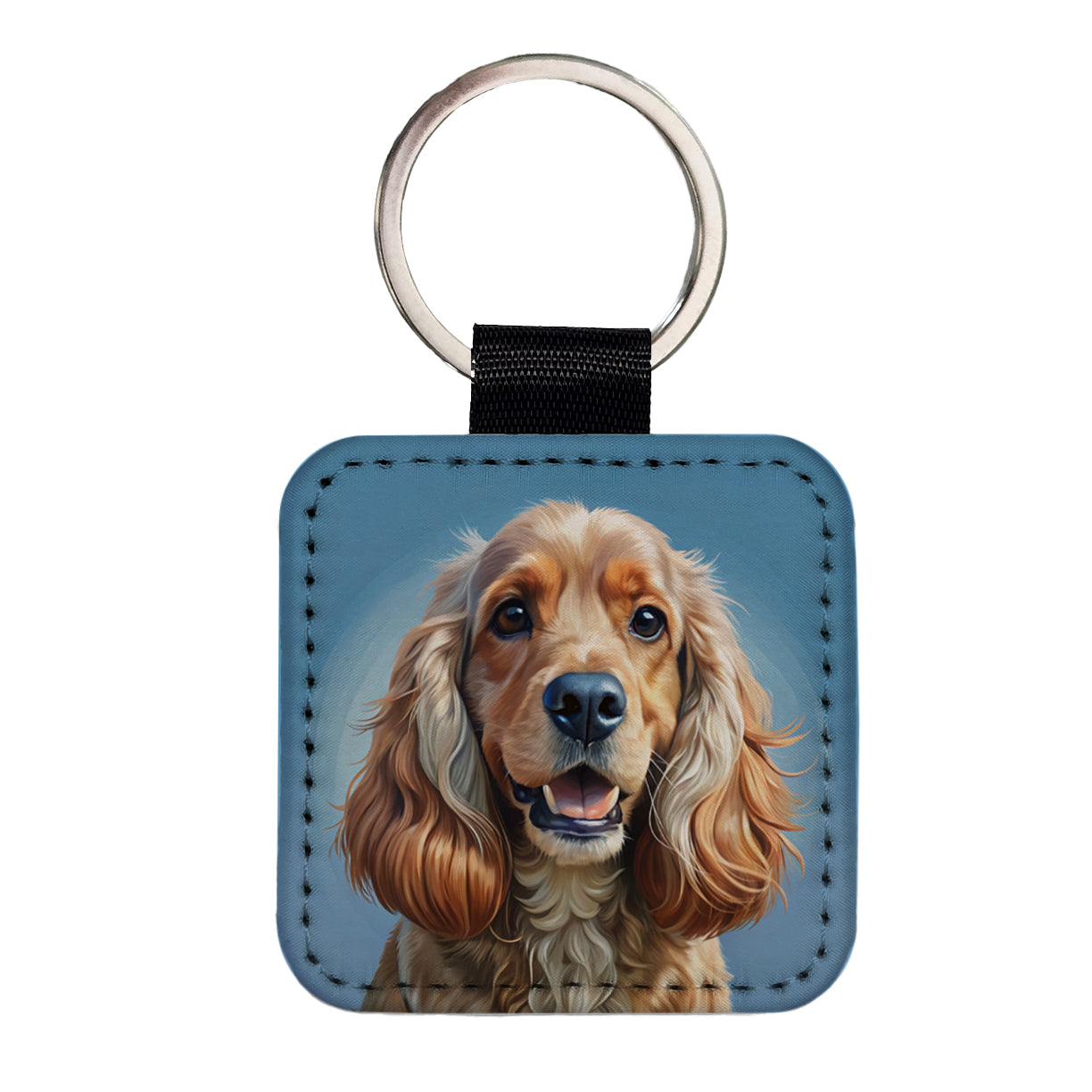 Cocker Spaniel Dog Illustration Square Faux Leather Keychain