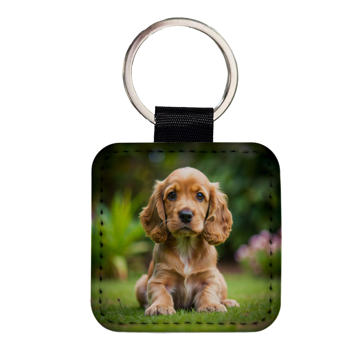 Cocker Spaniel Dog Puppy Photo Square Faux Leather Keychain
