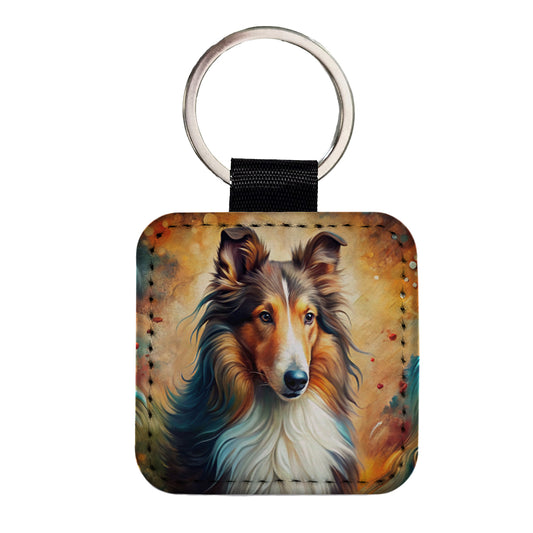 Collie Dog Abstract Art Square Faux Leather Keychain