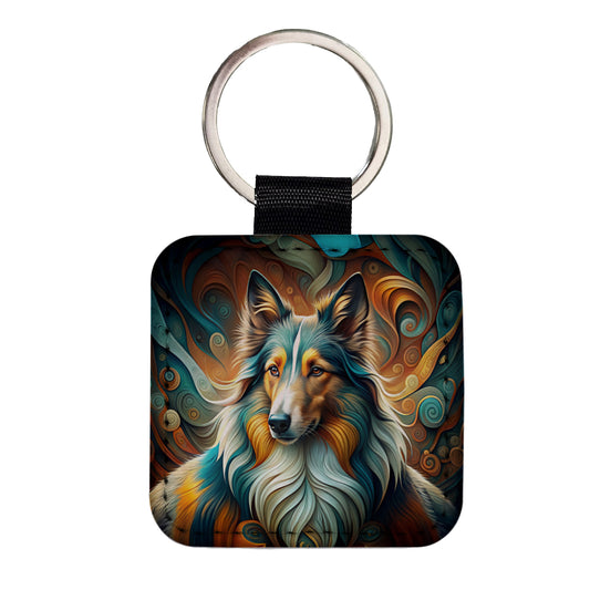 Collie Dog Abstract Stylized Art Square Faux Leather Keychain